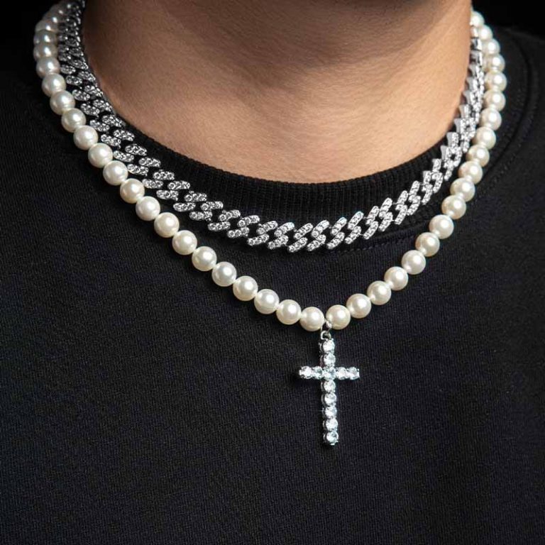 Mens Pearl Necklace with Cross Amazing Men Pearl Necklaces