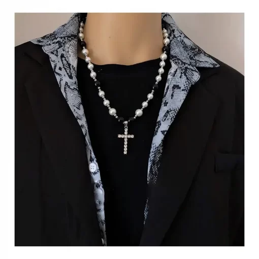 Black and White Pearl Necklace with Cross