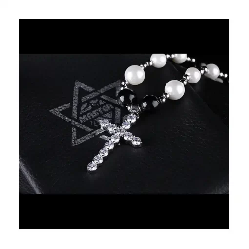 Black and White Pearl Necklace with Cross