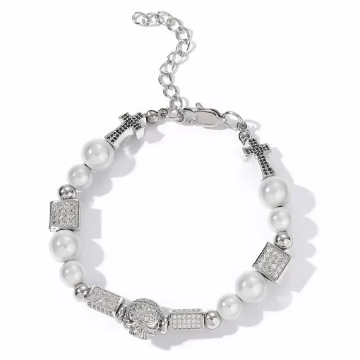 Cross Skull Pearl Necklace Bracelet for Men-Bracelet