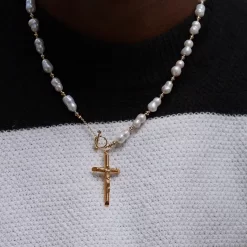 Mens Freshwater Pearl Necklace Unique Cross Pendant
