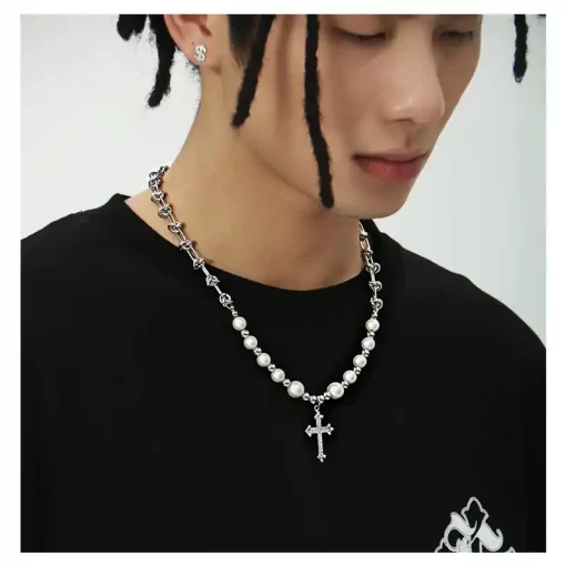 Men's Pearl Necklace with Pendant | Titanium Steel Necklace