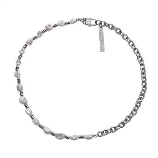 men's baroque shaped pearl necklace with spiral chain