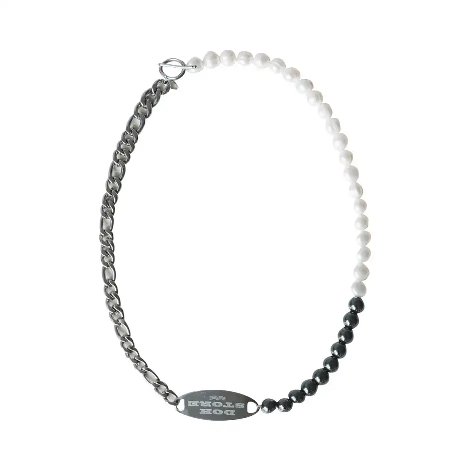 Men's Freshwater Pearl Necklace with Metal Plaque